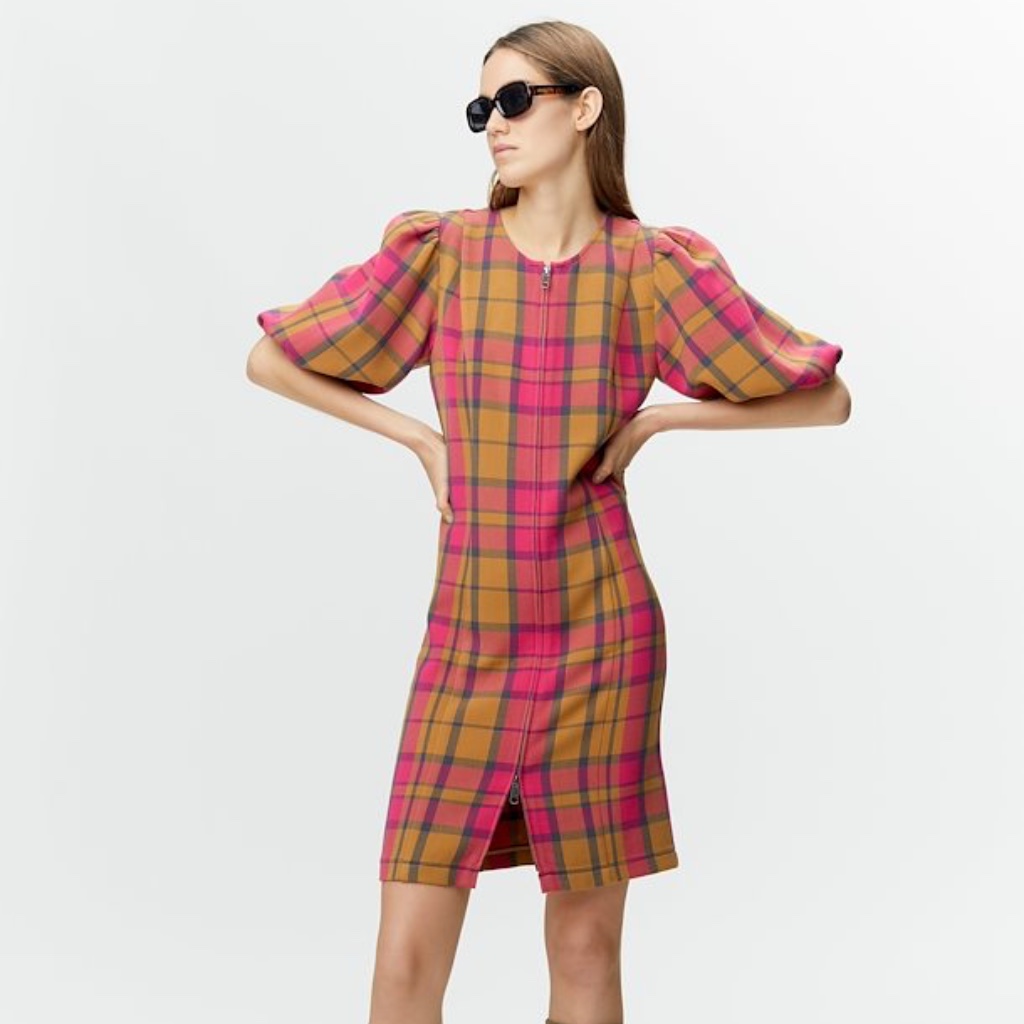 Plaid Puff-Sleeve Shift Dress In Pink & Tan